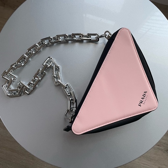 Prada Pink and Black Triangle Bag clutch purse wristlet silver chain - Picture 4 of 10